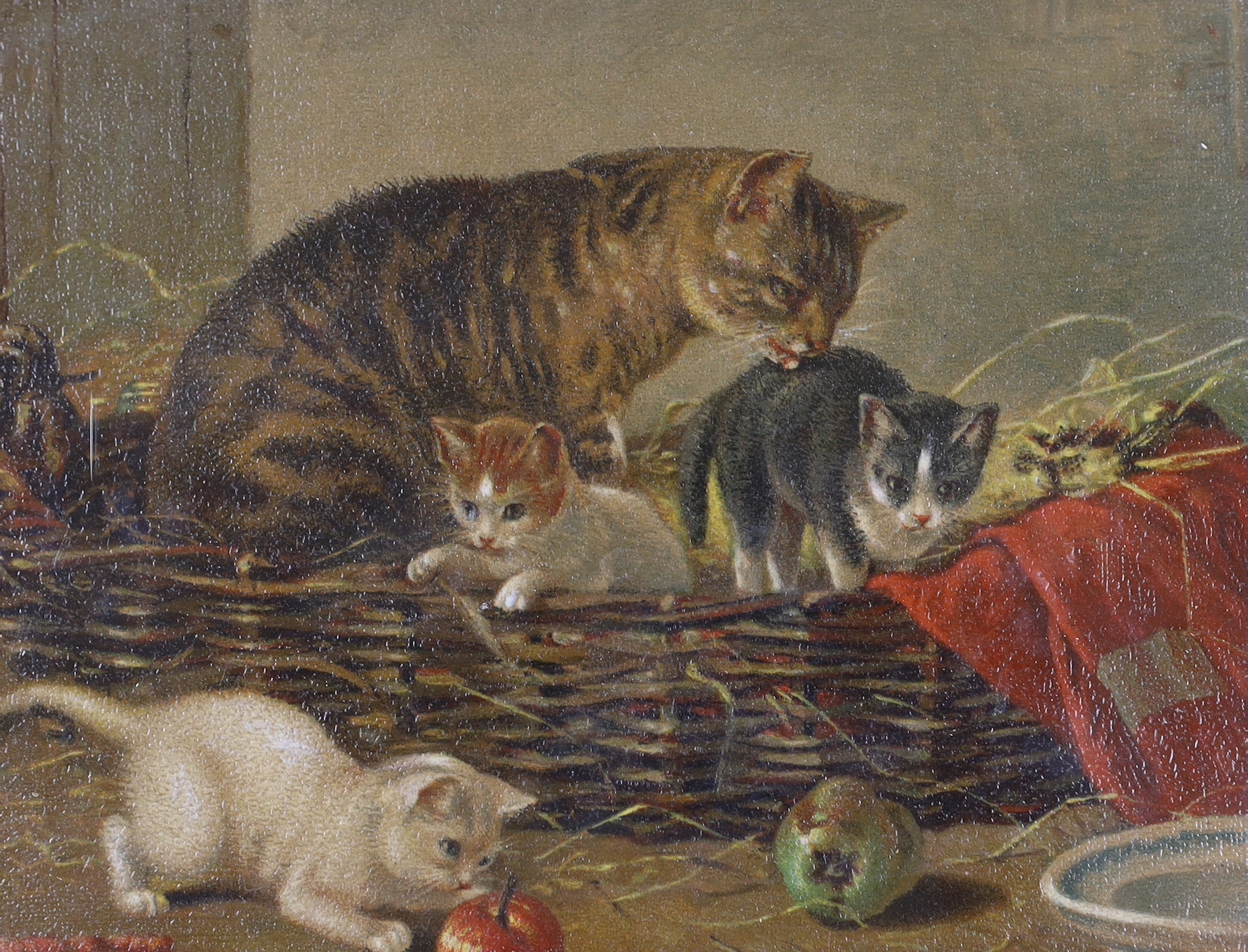 A pair of 19th century chromolithographs, 'Cats and Dogs', 19 x 14cm, ornate gilt frames